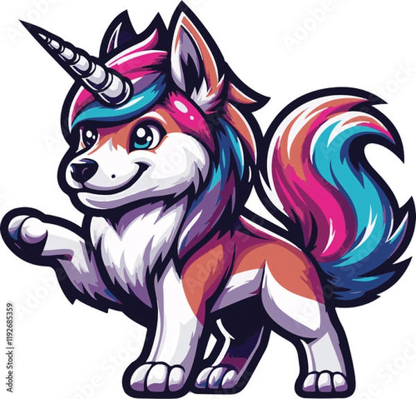 Obraz Rainbow Unicorn Wolf Pup: An adorable cartoon-style wolf pup with a vibrant rainbow mane and a single spiraling horn, playfully raising its paw.