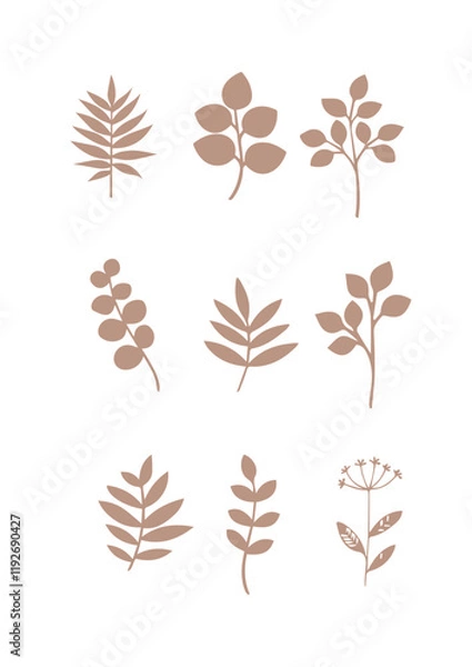 Obraz Print Flowers drawn by hand line, logo for design, on white background, Mocha Mousse colors - Pantone colors of 2025

