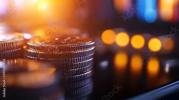 Fototapeta Stacks of gleaming coins reflect warm light a vibrant financial scene. AI Generated