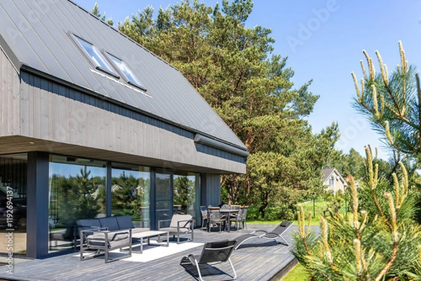 Obraz Modern luxury villa exterior in minimal scandinavian style, 3d render