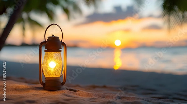 Fototapeta Illuminated oil lantern on tropical beach at sunset; calm ocean, palm trees blurred in background; ideal for travel, vacation, relaxation themes