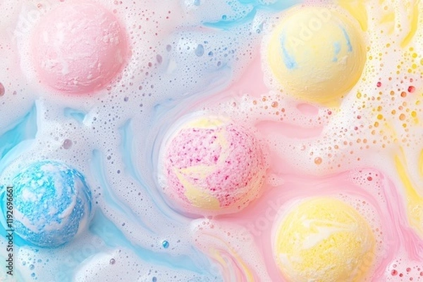 Obraz Calmness and luxury blend with colorful bath bombs dissolving in pastel hues of pink, blue, and yellow creating soothing swirls in water