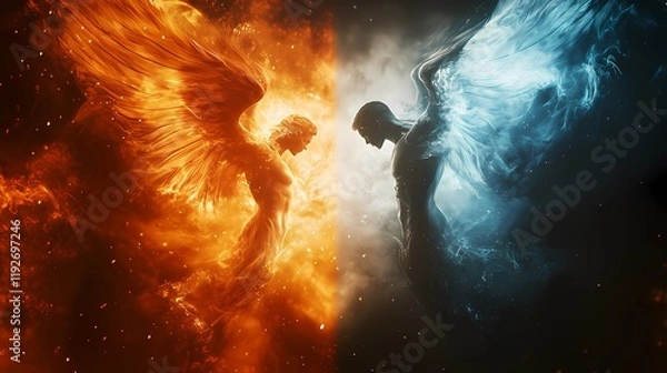 Obraz versus wallpaper, heaven and hell, good vs evil, light and darkness background, for match competition 