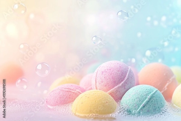 Fototapeta Colorful bath bombs surrounded by bubbles create a refreshing and playful atmosphere in a modern pastel setting