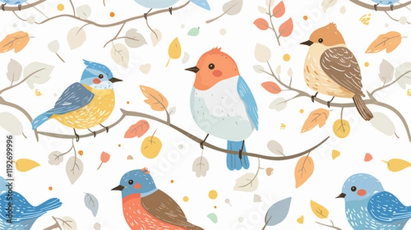 Fototapeta Charming Seamless Pattern with Adorable Birds and Delicate Leaves