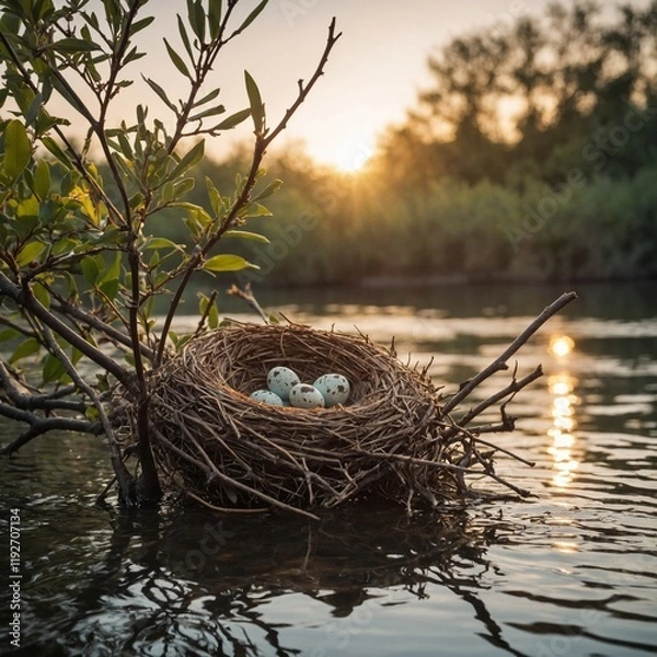 Obraz A sparrow's nest with eggs, set on a branch over a shimmering river at sunrise.
