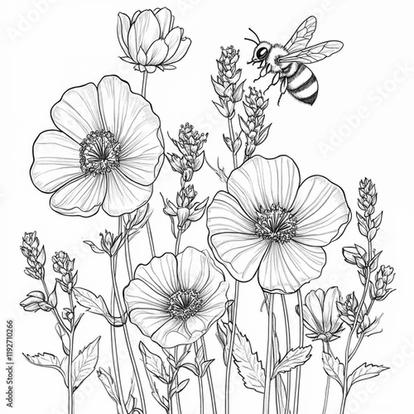 Fototapeta Coloring page, a hardworking bee collects nectar in a flowering field to make honey