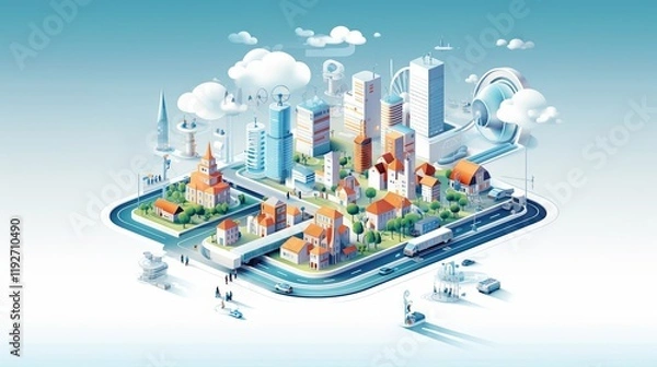 Fototapeta 3d isometric smart city AI generated illustration. Energy power technology iot concept. Global network connection with engineering networks, green electric power