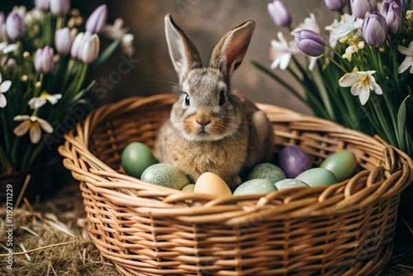 Fototapeta The banner. Easter bunny in a basket with colorful Easter eggs around spring snowdrops and primroses. The concept of the Easter spring festival.