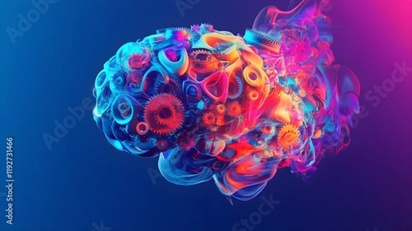 Fototapeta A colorful, abstract brain constructed from intricate gears and cogs, symbolizing the intersection of creativity and business strategy. The vivid mechanical elements suggest the ongoing process 
