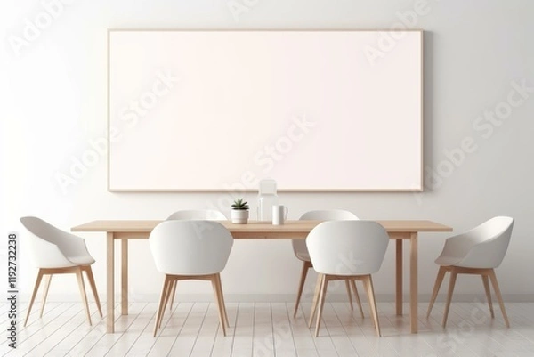 Fototapeta Minimalist dining room interior with wooden table, white chairs, and empty frame hanging on white wall, perfect for showcasing artwork or designs