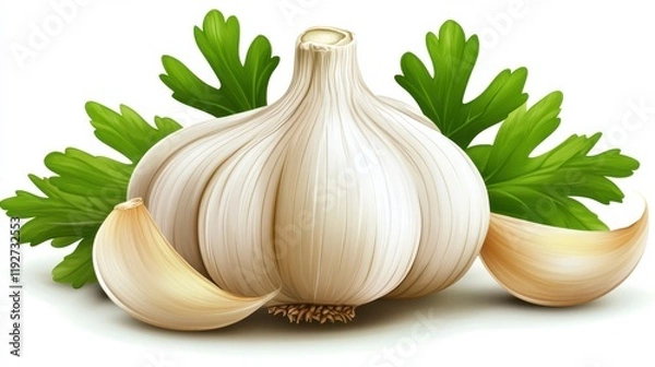 Fototapeta Fresh Garlic Bulb and Cloves Surrounded by Green Parsley Leaves on a White Background, Perfect for Culinary or Herbal Themes