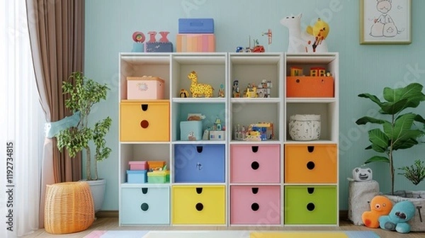 Obraz Playroom storage system integrating colorful options on a tidy home backdrop, systemized design theme
