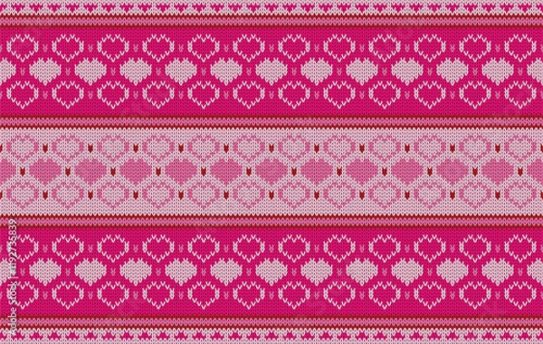 Fototapeta Knitted pattern seamless fabric Valentine day. traditional knitted pattern vector pink heart. Designed for valentine ,background ,wallpaper ,clothing ,knitted pattern ,fabric ,embroidery ,textile