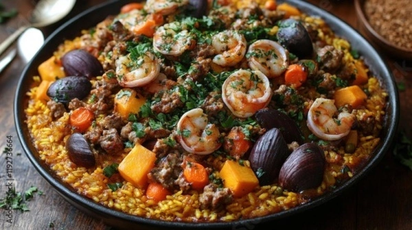 Fototapeta Aromatic Saffron Rice with Shrimp, Ground Meat and Roasted Vegetables