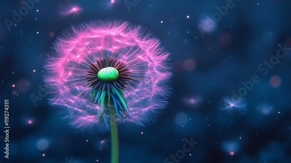 Fototapeta Pink Dandelion Seed Head Glowing In The Dark