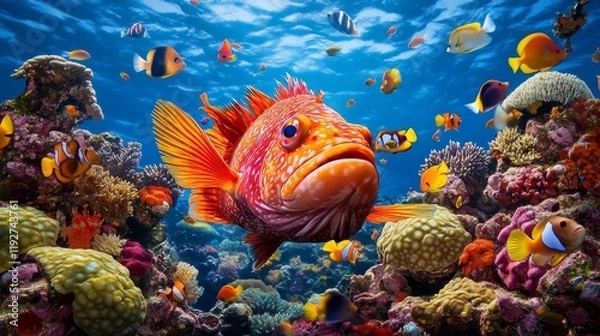 Fototapeta A colorful coral reef with vibrant fish in the ocean