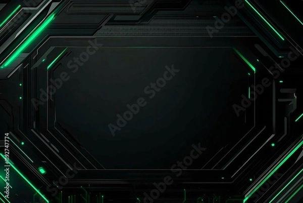 Fototapeta Abstract black background with green accents, futuristic design elements, and geometric patterns, perfect for technology and gaming themes.
