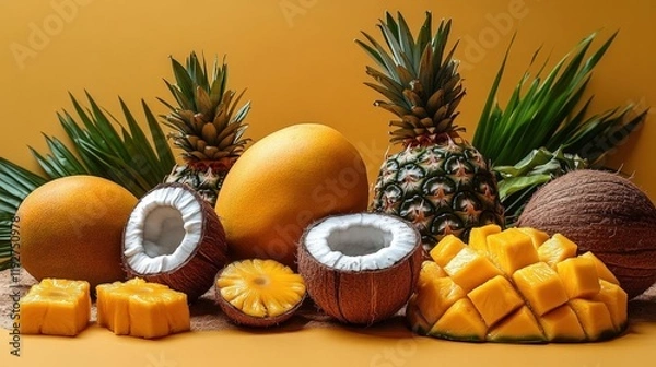 Fototapeta A vibrant still life featuring ripe mangoes, pineapples, and coconuts arranged on a sandy surface against a warm yellow background