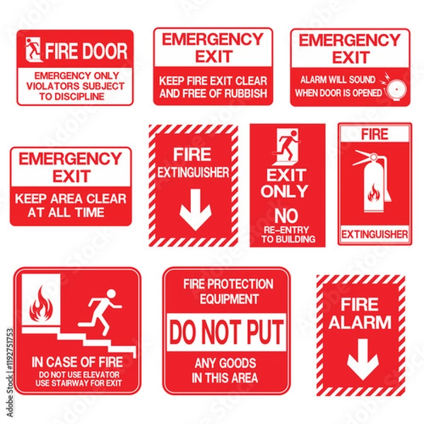 Fototapeta emergency set exit, fire extinguisher sign