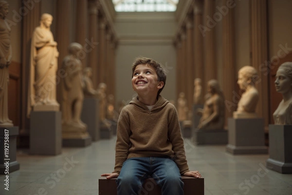 Obraz Young Boy Smiling with Wonder Exploring Museum Gallery Surrounded by Statues