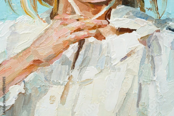 Fototapeta Girl in a straw hat on a blue background. Oil painting on canvas.