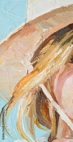 Fototapeta Girl in a straw hat on a blue background. Oil painting on canvas.