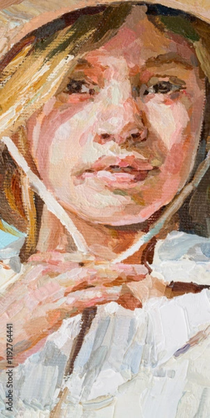Fototapeta Girl in a straw hat on a blue background. Oil painting on canvas.