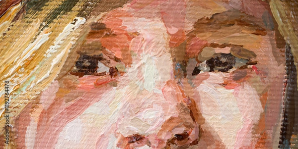 Fototapeta Girl in a straw hat on a blue background. Oil painting on canvas.