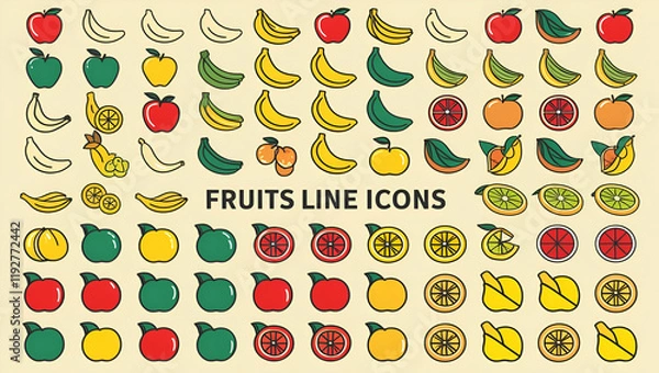 Fototapeta A set of fruits line icons, featuring clean and minimalist designs with editable stroke, created as a vector EPS10 illustration.