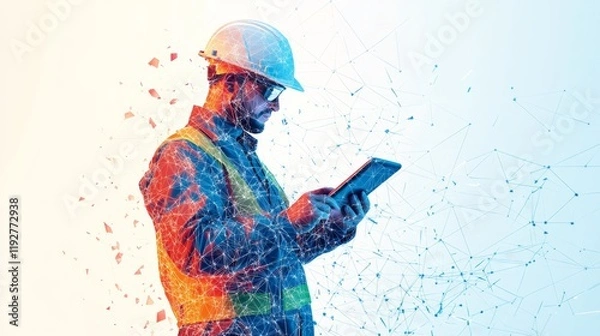 Fototapeta Abstract polygonal isolated engineer in technology style on a white background. Industry safety or architecture concept. Worker in white helmet holding tablet. Low poly wireframe vector illustration.
