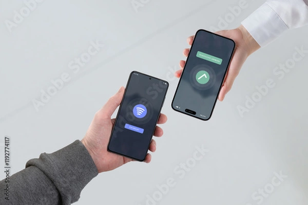 Fototapeta Smartphone initiating a payment to another smartphone functioning as a POS terminal, demonstrating Tap to Phone technology for seamless peer-to-peer transactions