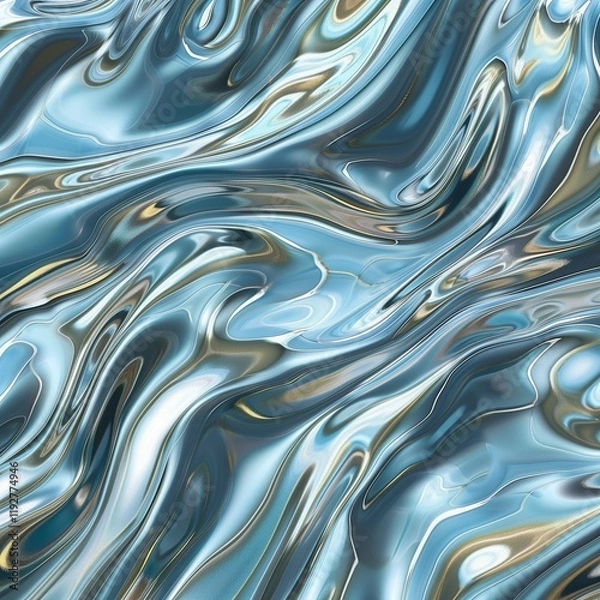 Fototapeta Beautiful pattern of liquid metal, flowing and undulating, blue with white-gold accents.