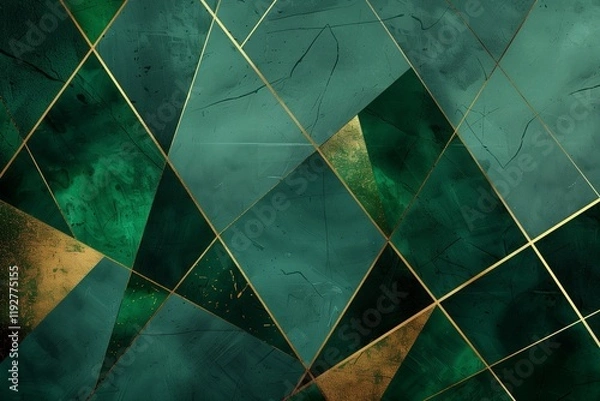 Fototapeta Abstract green and gold geometric background with dark green triangles, dark emerald shapes.