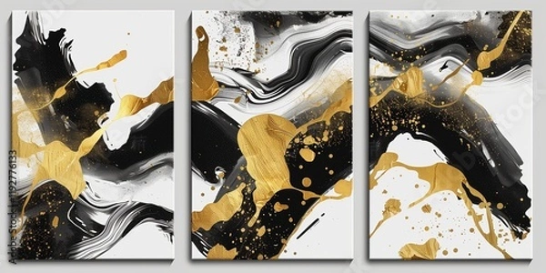 Fototapeta Abstract art painting, black and white marble with gold splashes, set of three wall art pieces.