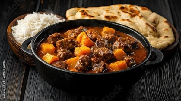 Obraz Delicious Spicy Lamb Curry with Potatoes Rice and Naan Bread