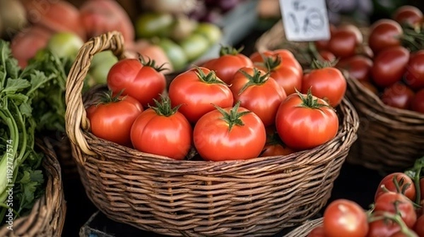 Fototapeta Ripe Red Tomatoes In A Wicker Basket At Market