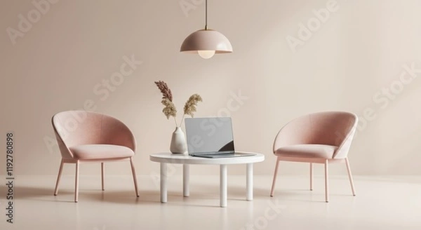 Fototapeta Modern pink chairs and a stylish table create a cozy living space