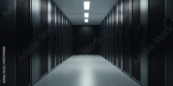 Obraz A dark corridor lined with server racks, illuminated by overhead lights, creating a technology-driven atmosphere.