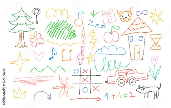 Obraz Crayon fun cute kid colorful line art doodle set badge, scribble line flower, background. Hand drawn doodle sketch childish element set. Flower, butterfly, cloud children draw style design elements