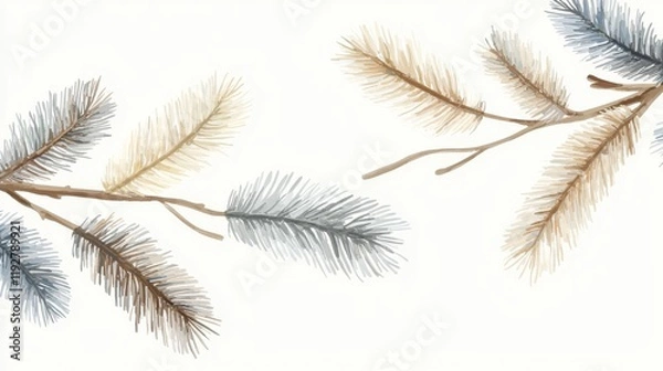 Fototapeta Elegant Watercolor Pine Branches with Soft Colors against White Background