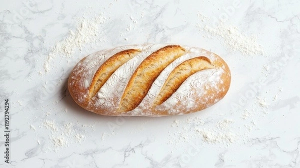 Obraz Freshly Baked Artisan Bread Loaf on Marble Surface with Flour Dust