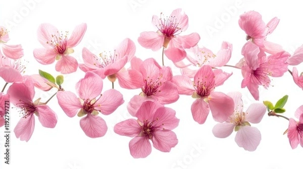 Fototapeta Delicate Pink Cherry Blossoms on White Background in Soft Lighting