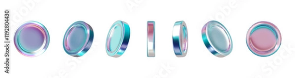 Obraz Holographic coins 3D set. Metal realistic holographic shape, design elements, icons, buttons isolated on white