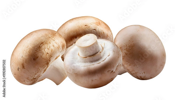 Fototapeta A collection of fresh, raw white champignon mushrooms displayed against a plain white background, showcasing their texture and organic detail. Isolated on white background