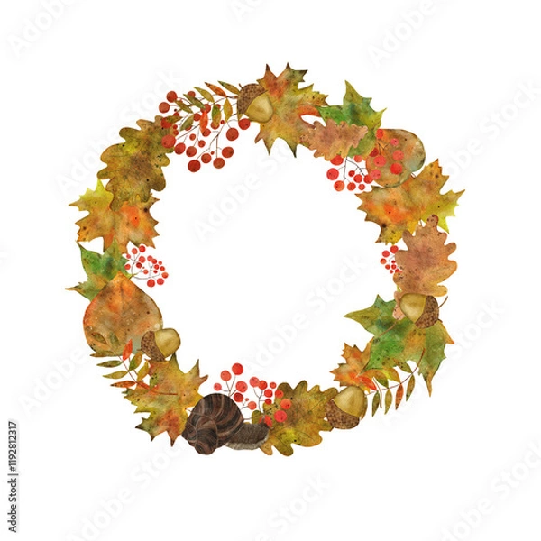 Fototapeta Autumn wreath with snail on white background. Hand drawn  watercolour illustration with place for save date, text, photo. Fall, thanksgiving design for invitation, card on transparent background.