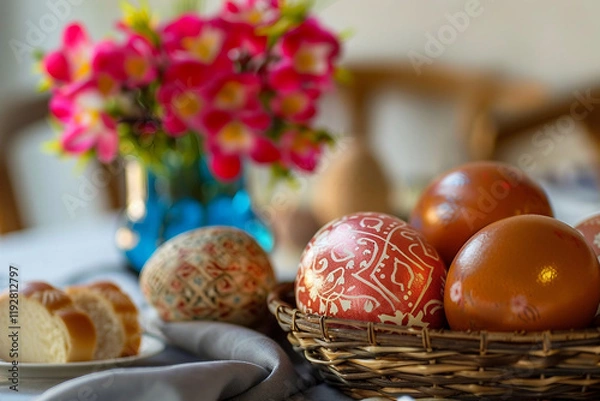 Fototapeta Image of Ukrainian national easter traditional eggs and bread Generative AI