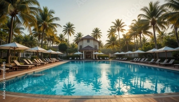 Obraz Luxury Poolside at a Tropical Beach Resort Under Clear Sky