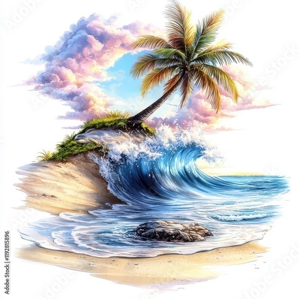 Fototapeta A Vibrant Tropical Paradise with Palm Tree and Rolling Waves Under a Colorful Sky at Sunset