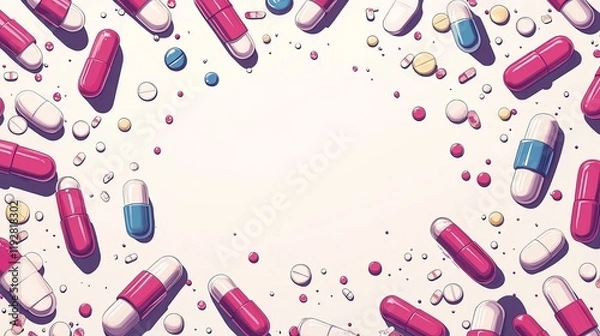 Fototapeta Colorful Assortment of Various Pills and Tablets Displayed on a Clean White Surface for Medical Use